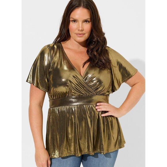 Torrid Women's Plus 2X Gold Shimmer Blouse Short Sleeve Peplum Metallic NWT - Picture 1 of 5